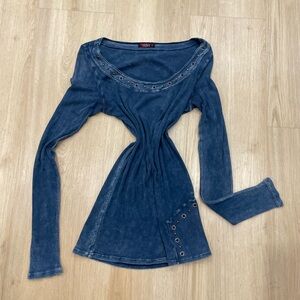 T Party blue denim long sleeve top with grommet details Size: M